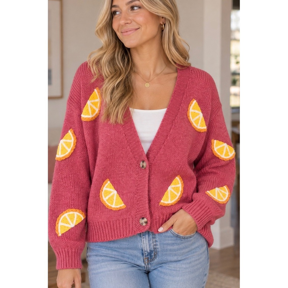 Dreamers by Debut Pink Orange Slice Crochet Knit Cardigan L CA9939 Novelty Fruit